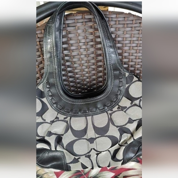 VINTAGE AUTHENTIC COACH SIG C JACQUARD & LEATHER FRAMED SATCHEL TOTE  HAND BAG - Picture 5 of 7